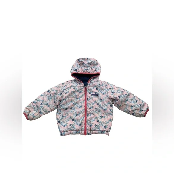 Patagonia Size 2T Reversible Down Sweater Hoodie in Blue and Pink Flowers - Picture 4 of 16
